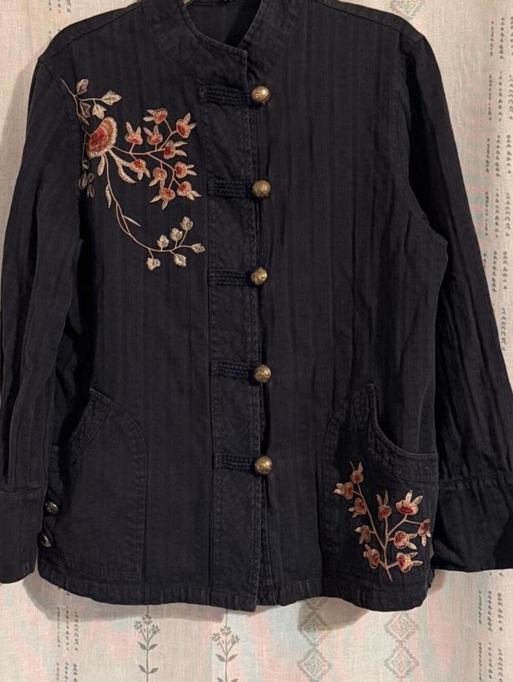 Vtg Unique Cotton Navy-Blue Embroidered Boho Floral Cottagecore Asian Shacket